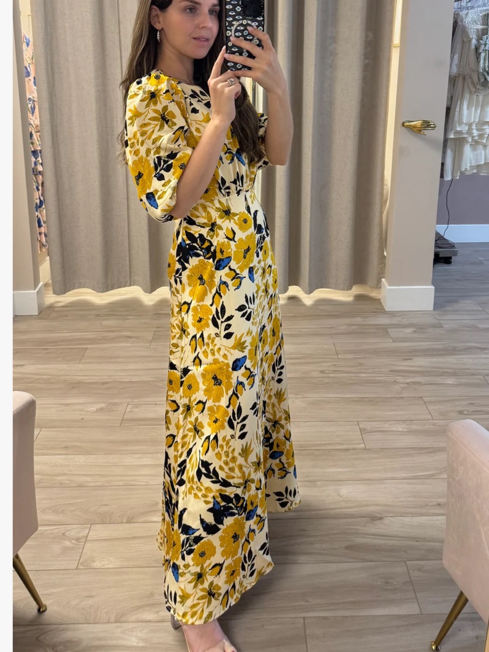 Yellow Floral Maxi Dress with Puff Sleeves